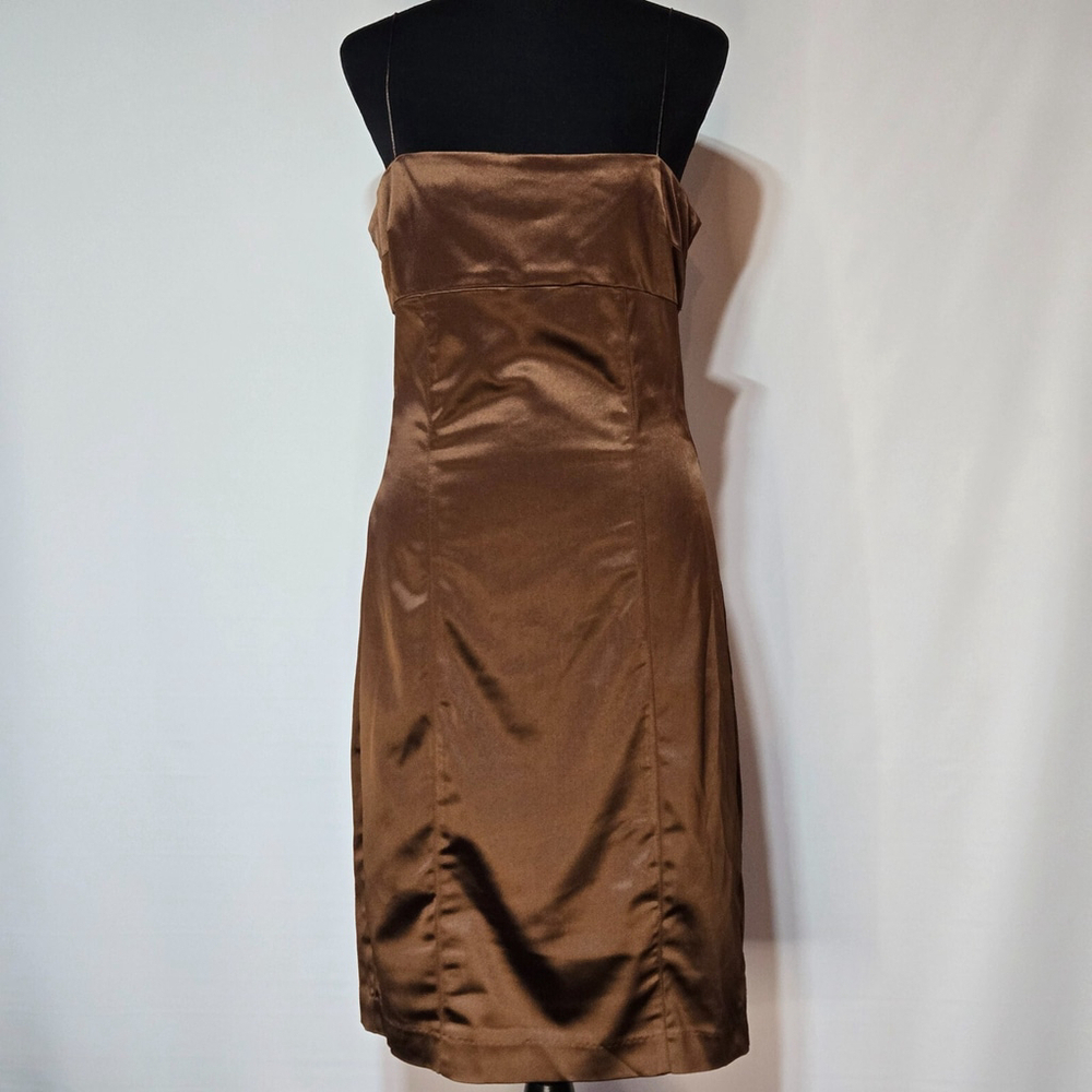 Bec + Bridge Heather Satin Midi Dress Brown Open Back Cocktail Wedding US 10 NWT - Picture 2 of 11